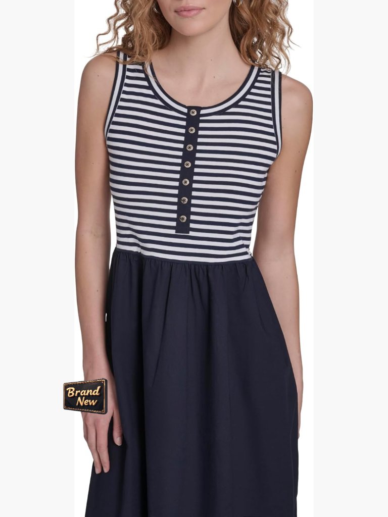 Sleeveless Midi Striped Mixed Media Dress With Henley Neck
